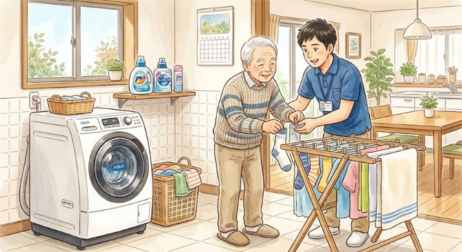 洗濯物を干す練習の様子